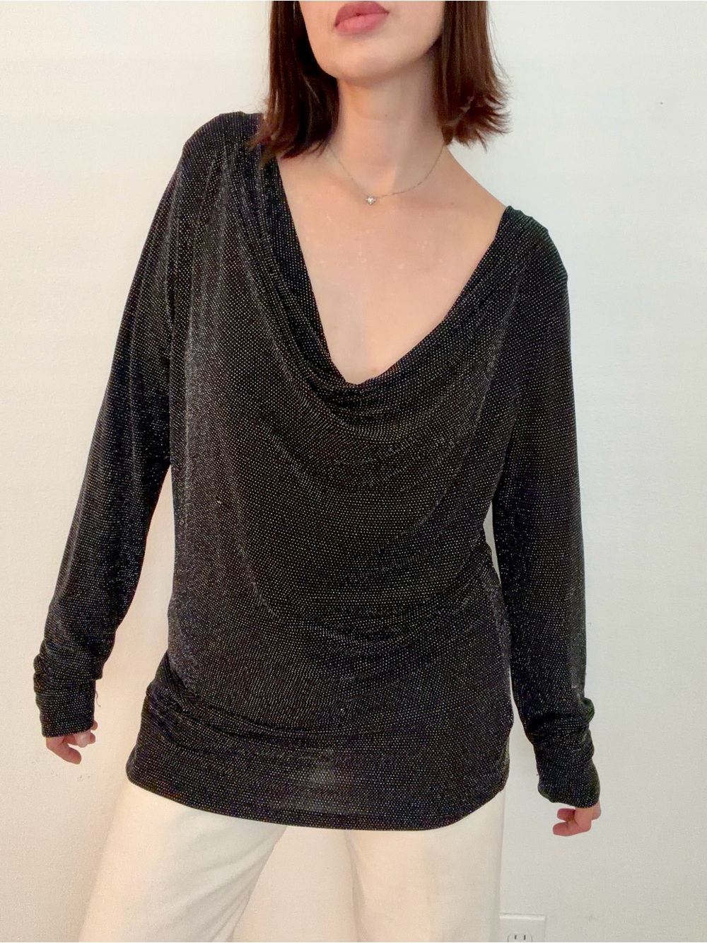 Sparkle Black Cowl Neck Long Sleeve Top